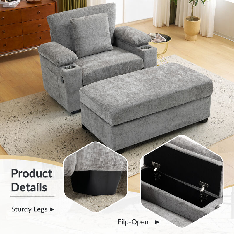 Merax Modern Oversized Chenille Fabric Chair with Ottoman & Sofa Bed Function