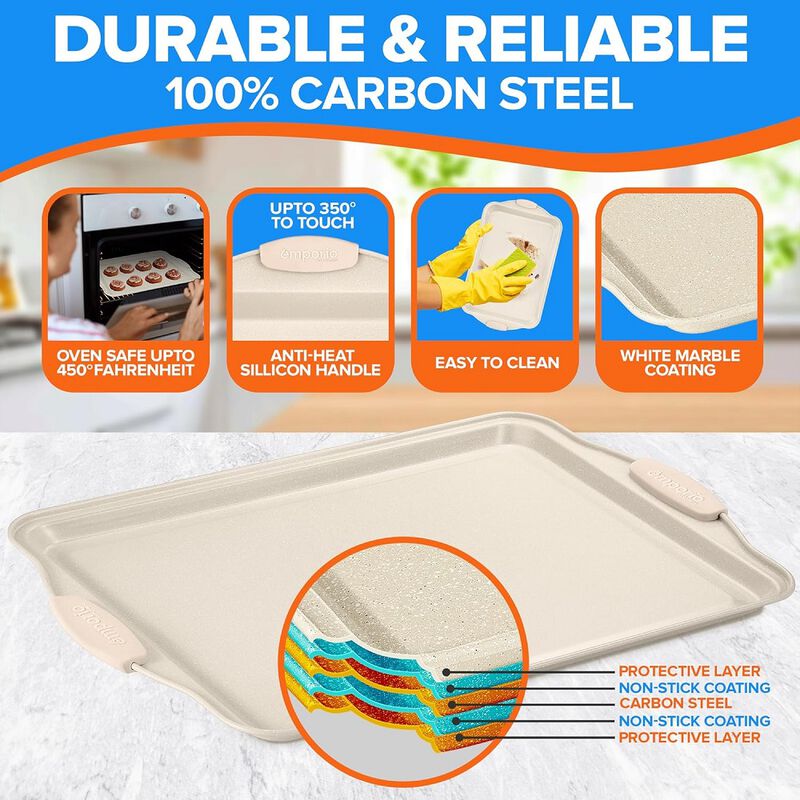 Baking Pan Set - Nonstick Coating, Carbon Steel Bakeware Set with White Silicone Handle, PFOA, PFOS, PTFE Free, Recipe Booklet Included, Oven Safe Tray (Up To 450&deg; F), Set of 3 - White