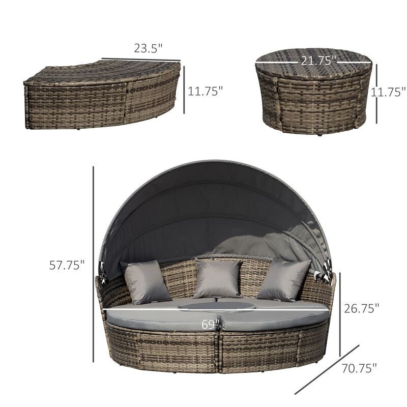 Mocha Brown Sun Lounge: 4-Piece Woven Rattan Canopied Daybed Set