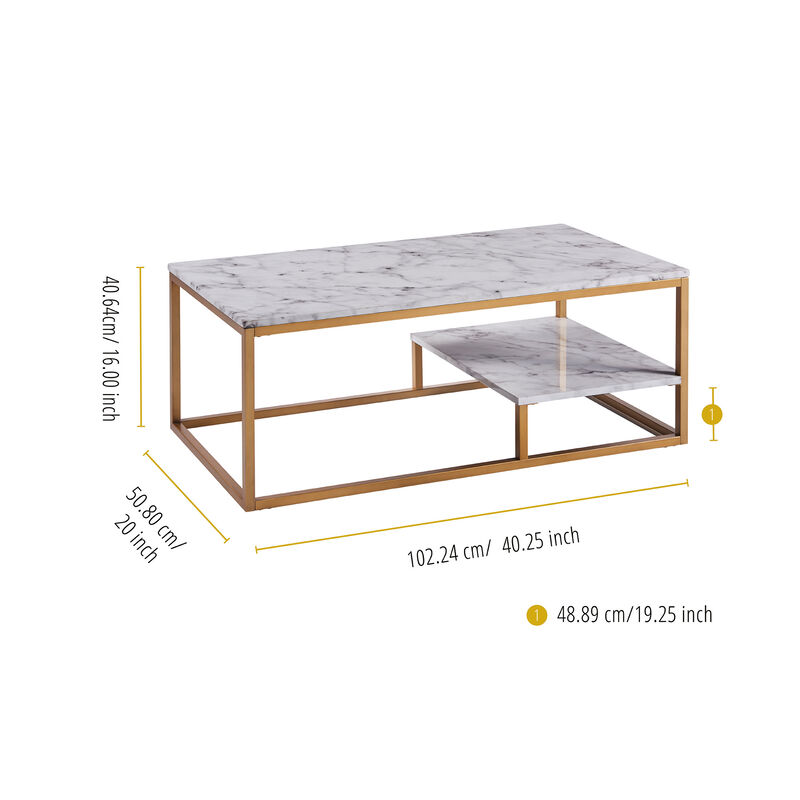 Marmo Modern Marble-Look Coffee Table with Shelf, Marble/Brass image number 3