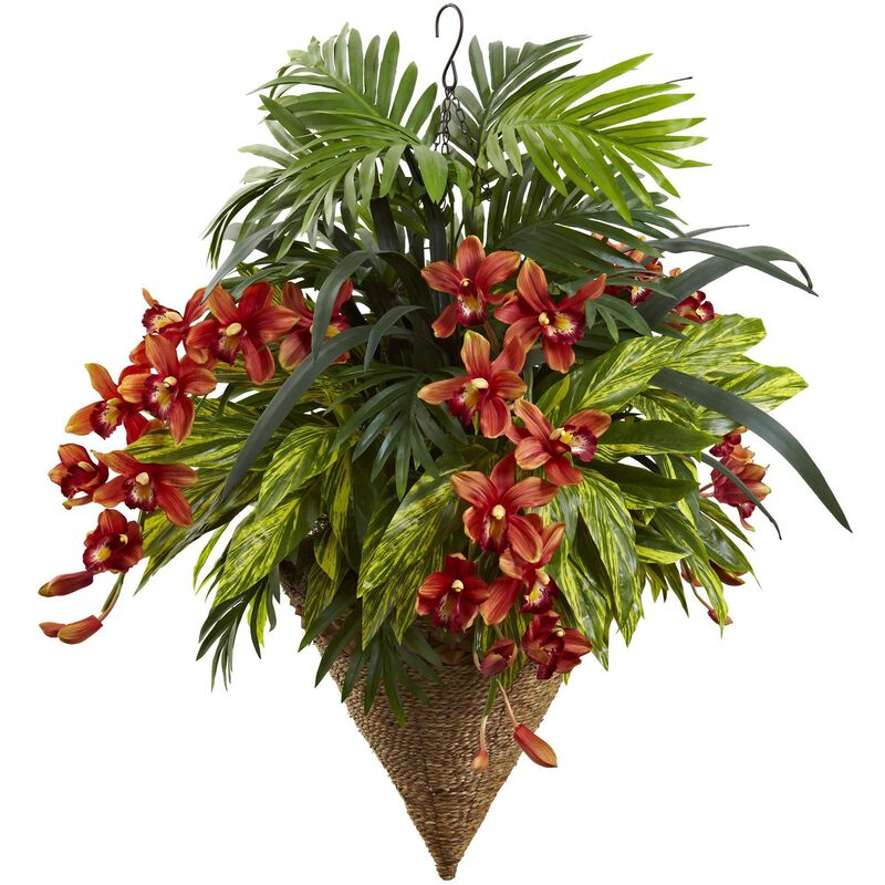 Nearly Natural 36-in Mixed Tropical & Cymbidium Hanging Basket