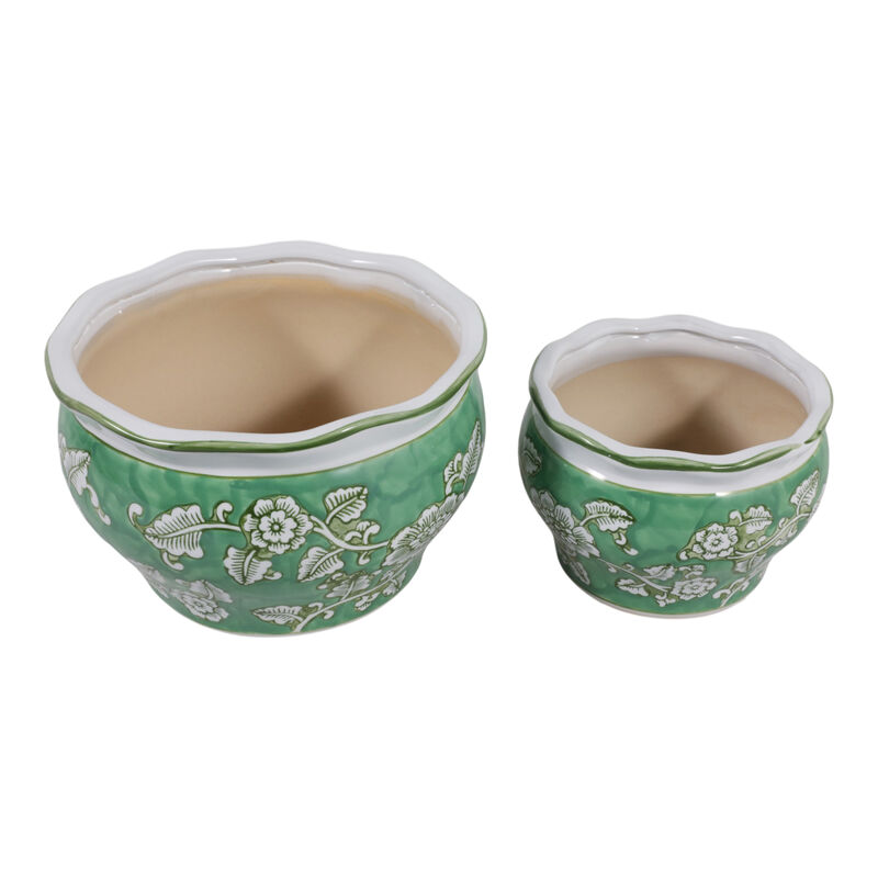 Cer, S/2 6/8" Round Chinoisere Planters, Green image number 3
