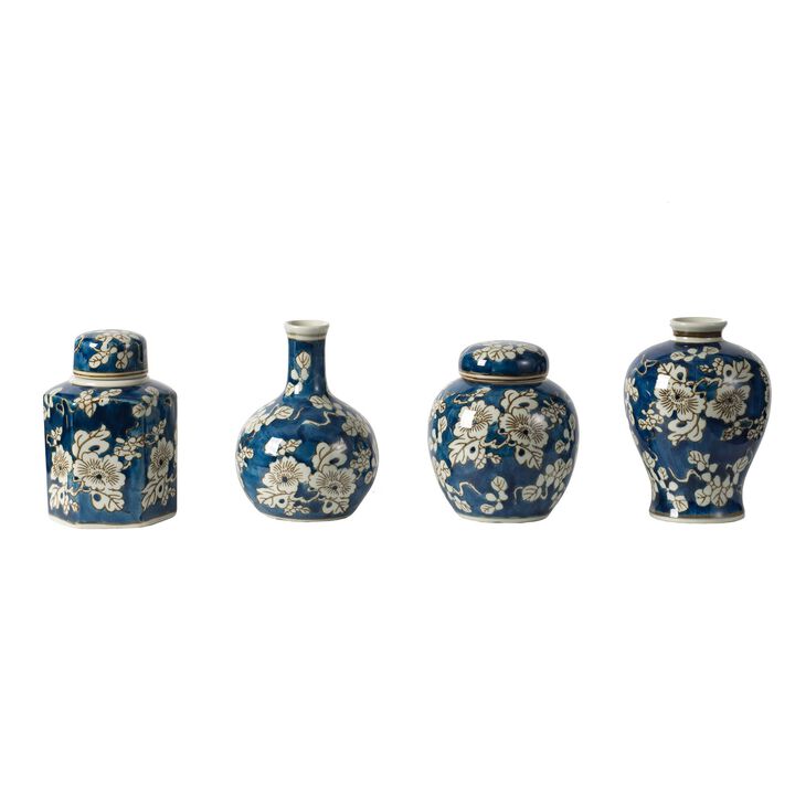 Set of 4 Lidded Jars and Vases, Classic Curved Round Blue and White Ceramic-Benzara