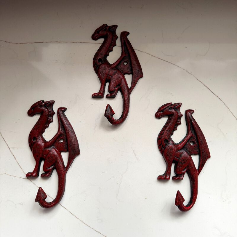 Set Of 3 Dragon Wall Hooks Red Distressed Cast Iron 65 In Decorative image number 5