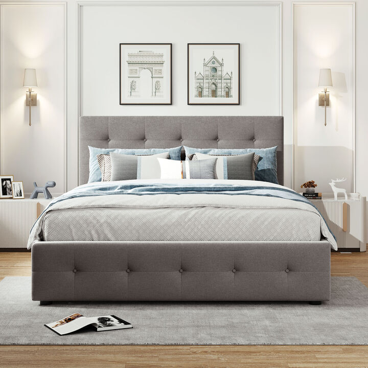 Whisen Queen Size Upholstered Platform Bed with 2 Drawers & Twin XL Trundle, Linen Fabric Space-Saving Bed for Bedroom