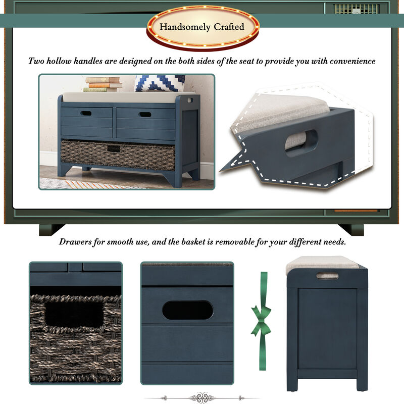 Whisen Storage Bench with Removable Basket and 2 Drawers - Navy