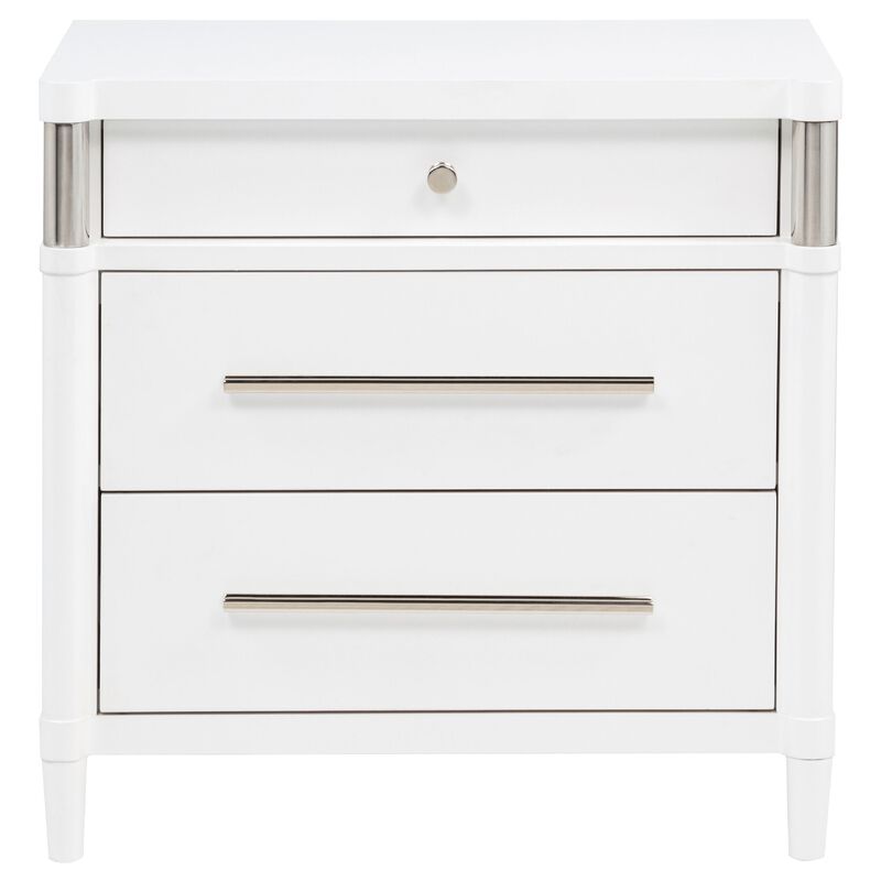Ruvie Nightstand with 3 Drawers, Metal Post Accent, White Wood 26 Inch image number 0