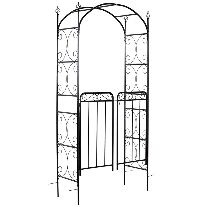 Outsunny Garden Arbor Arch Gate with Trellis Sides for Climbing Plants, Wedding Ceremony Decorations, Grape Vines, Locking Doors, Flourishes & Arrow Tips, Black