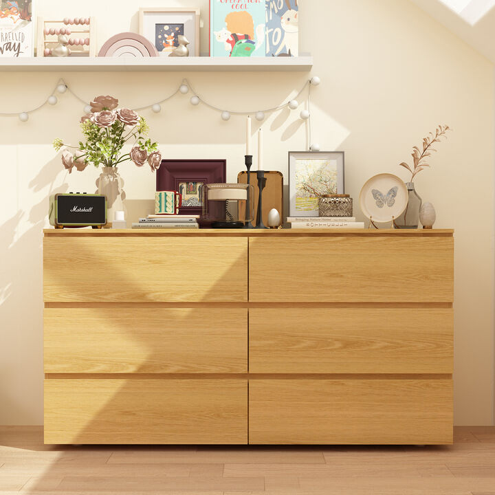 FUFU&GAGA 6-Drawer Natural Oak Dresser, Handle-Free Wooden Storage Cabinet for Bedroom or Vanity Area, (32.3 in. H x 59 in. W x 15.7 in. D),Yellow