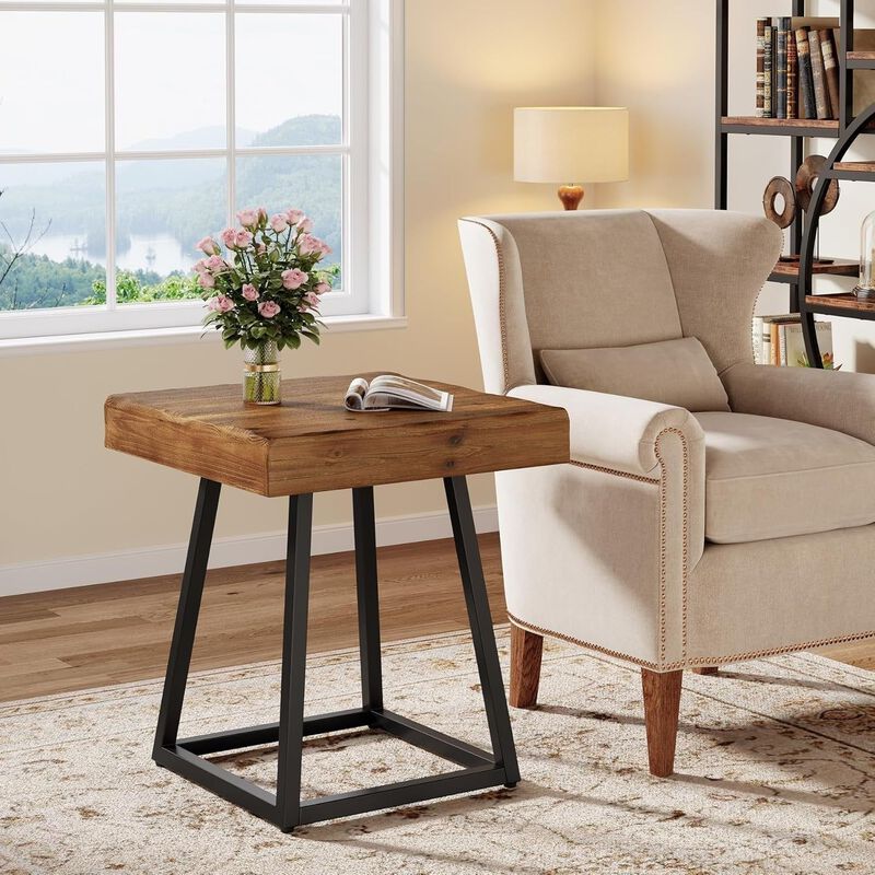 Solid Wood Square End Table, Metal Frame Side Table for Bedroom & Living Room image number 4