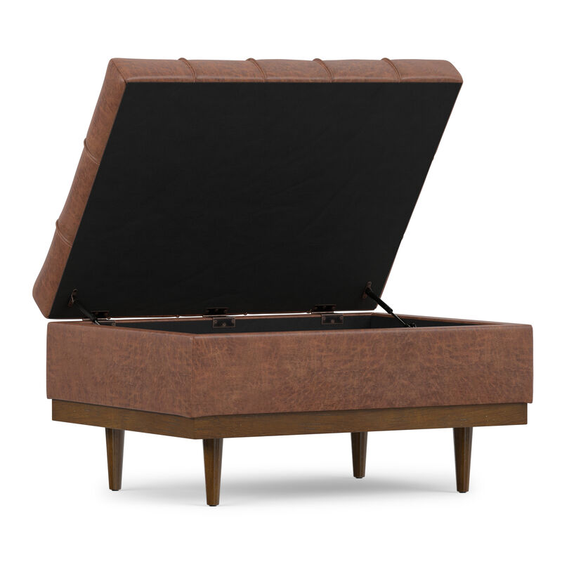 Mariah 34 inch Wide Contemporary Rectangle Coffee Table Storage Ottoman in Distressed Saddle Brown  Vegan Faux Leather, Assembled image number 3