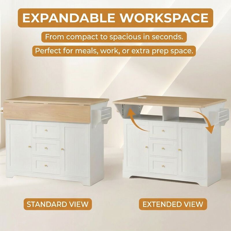 Rolling Kitchen Island with Power Outlet, Spice Rack & 2 Drop Leaf image number 5