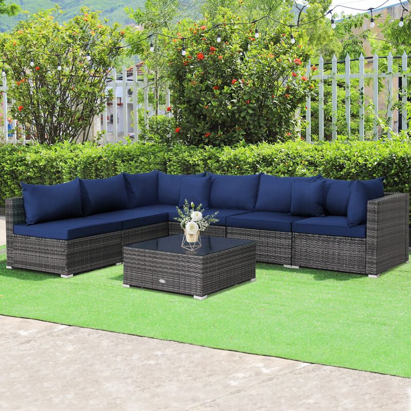 Mondawe 7 Pieces Patio Rattan Furniture Set with Sectional Sofa Cushioned