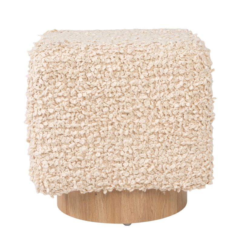 Boucle Upholstered Cotton Woven Stool with Light Wood Base, Ivory image number 3