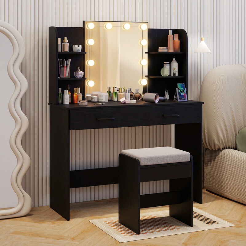 Vanity Set with Lighted Mirror and Stool with Power Outlet