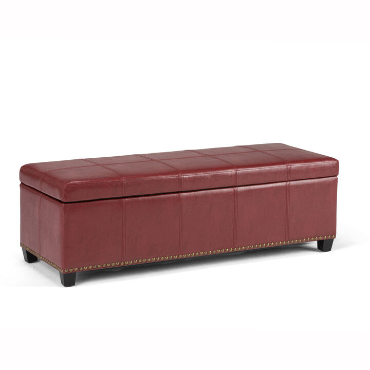 Kingsley 48 inch Wide Transitional Rectangle Large Storage Ottoman in Radicchio Red Vegan Faux Leather, Assembled