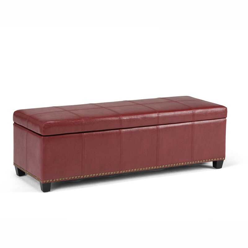 Kingsley 48 inch Wide Transitional Rectangle Large Storage Ottoman in Radicchio Red Vegan Faux Leather, Assembled