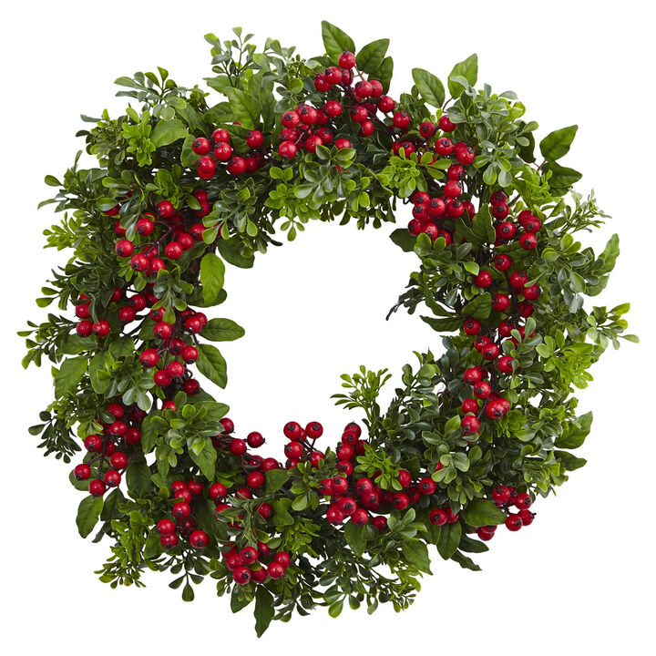 Nearly Natural 24-in Berry Boxwood Wreath