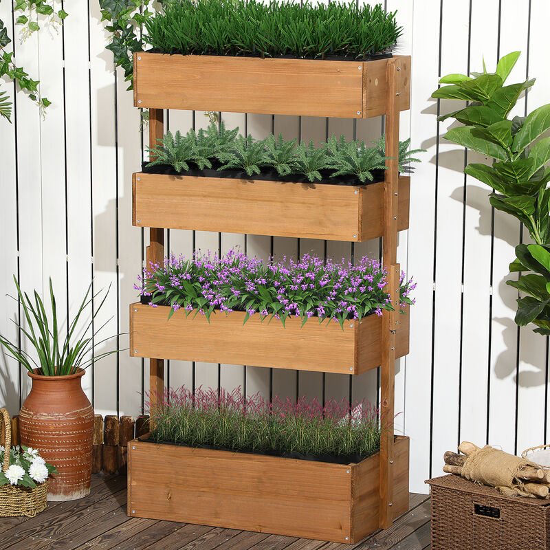 Outsunny Vertical Garden Planter, Wooden 4 Tier Planter Box, Self-Draining with Non-Woven Fabric for Outdoor Flowers, Vegetables and Herbs, Orange