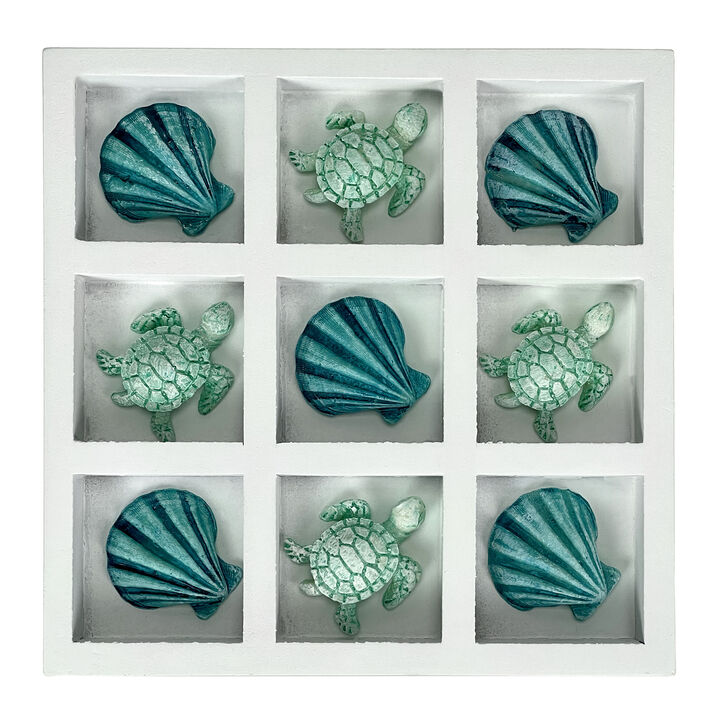 Coastal Shell & Sea Turtle Tic Tac Toe Table Accent Decor - 7 inch White Wood