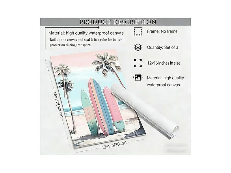 3 Pack Pink Beach Wall Art Tropical Teen Girl Coastal Canvas Poster Surfboard image number 2