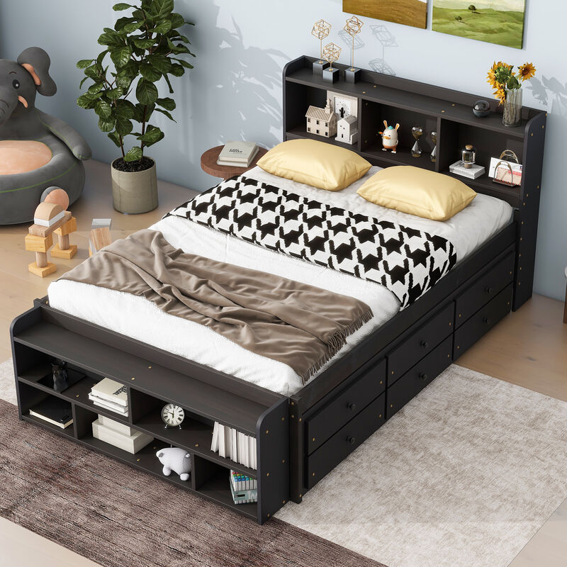 Whisen Full-Size Bed with Integrated Bookcase, Under-Bed Drawers and End Storage Case image number 1