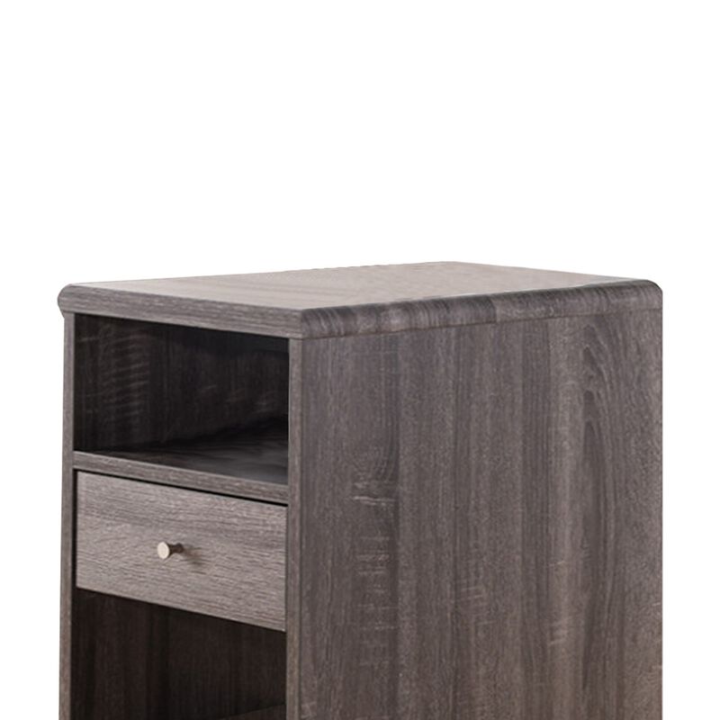 Elegant Chairside Table With Display Shelves and Drawer, Gray-Benzara