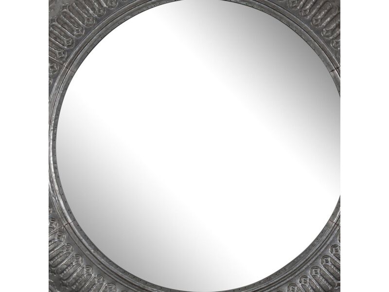 Round Wall Mirror with Thick Embossed Metal Border, Antique Gray - Benzara