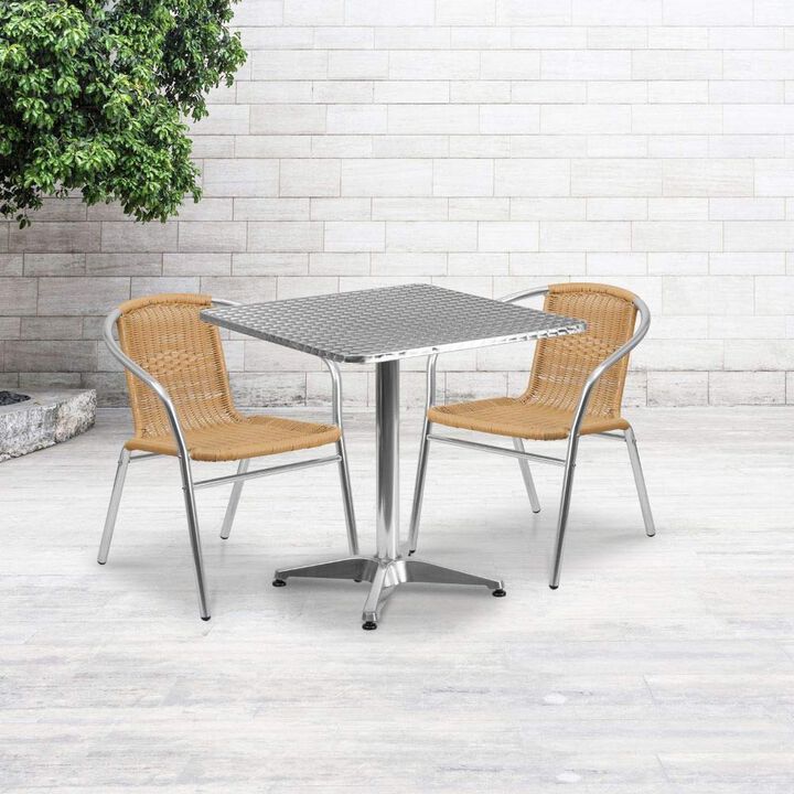 Flash Furniture 27.5'' Square Aluminum Indoor-Outdoor Table Set with 2 Beige Rattan Chairs