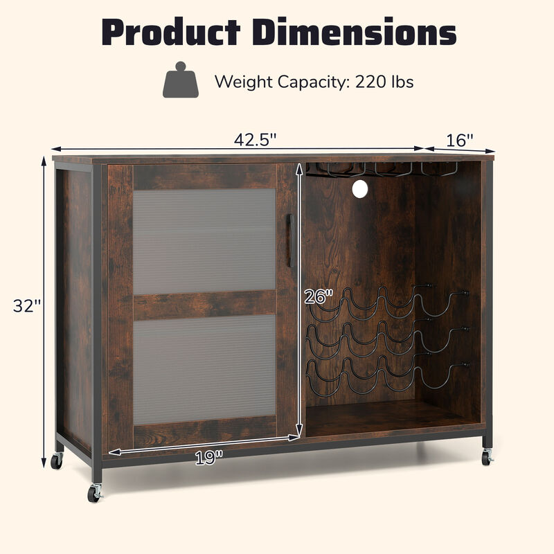 Wine Storage Bar Cabinet with LED Light and Adjustable Shelves-Rustic Brown image number 2