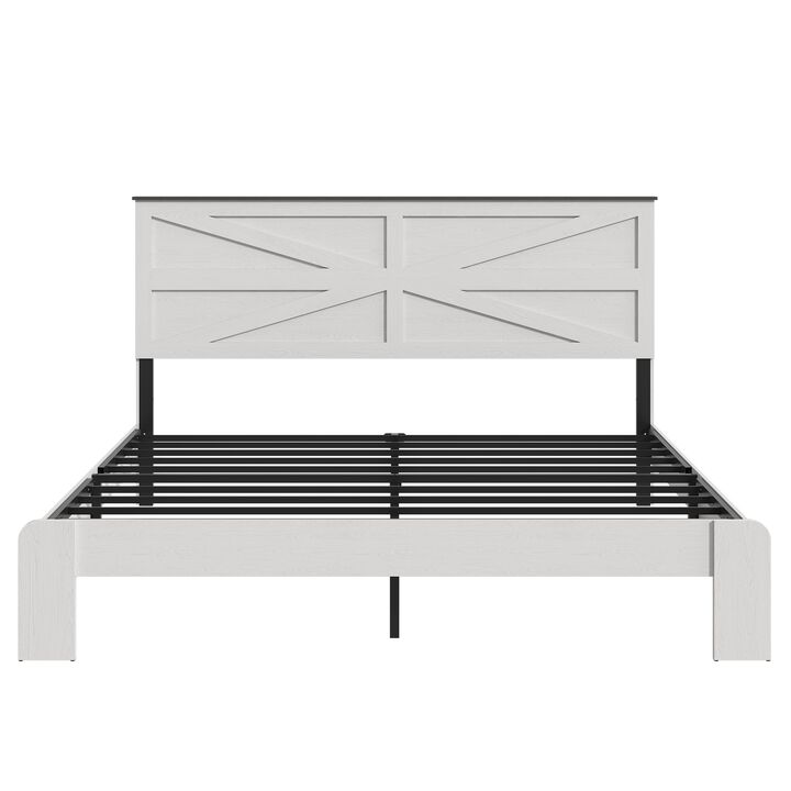 Wood and Metal Industrial Platform Bed with Geometric Paneled Headboard