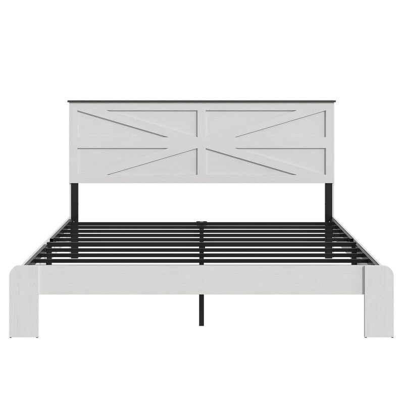 Wood and Metal Industrial Platform Bed with Geometric Paneled Headboard image number 0