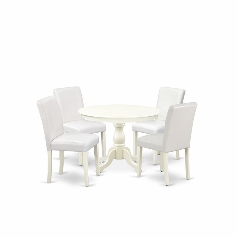 East West Furniture HBAB5-LWH-64 5 Piece Dining Table Set - Linen White Small Dining Table and 4 White Faux Leather Mid Century Modern Dining Chairs with High Back - Linen White Finish