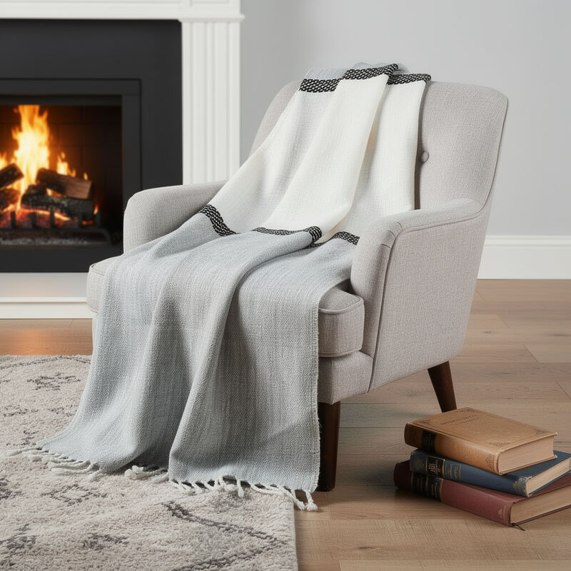 HomeRoots 50" X 60" Gray Cotton Woven Color Block Throw Blanket with Fringe image number 1