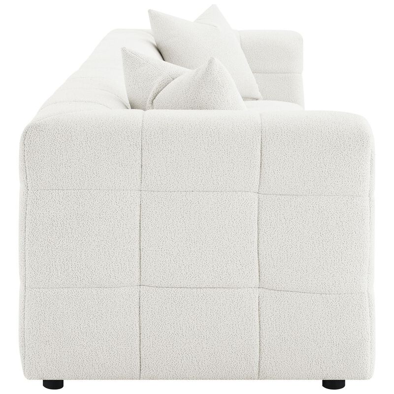 Lopo 114 Inch Long Sofa, Grid Tufted Off White Fabric 2 Accent Pillows