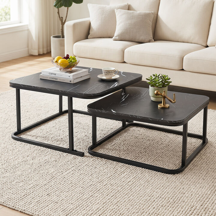 Modern Nesting Coffee Table Set with Faux Marble Surface and Metal Frame
