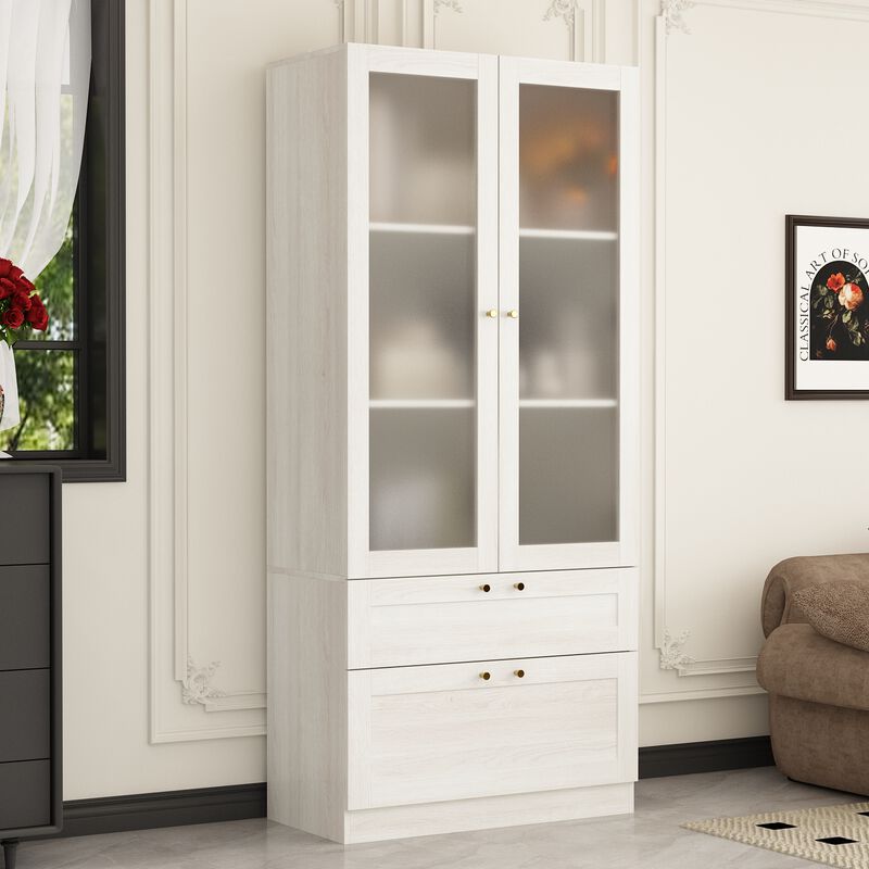 FUFU&GAGA Modern White Food Pantry Cabinet with Adjustable Shelves and Lockable Drawers (31.5" W x 70.9" H x 15.7" D), Wood Grain Finish with Brass Pull Handles