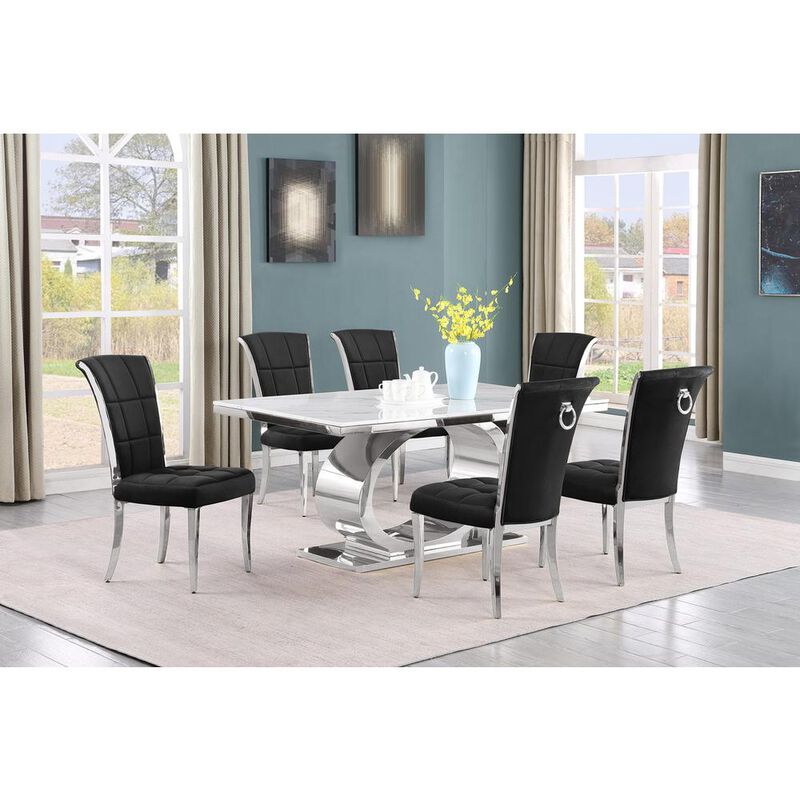 7pc Small(68") marble top dining set with silver base and 6 Black side chairs
