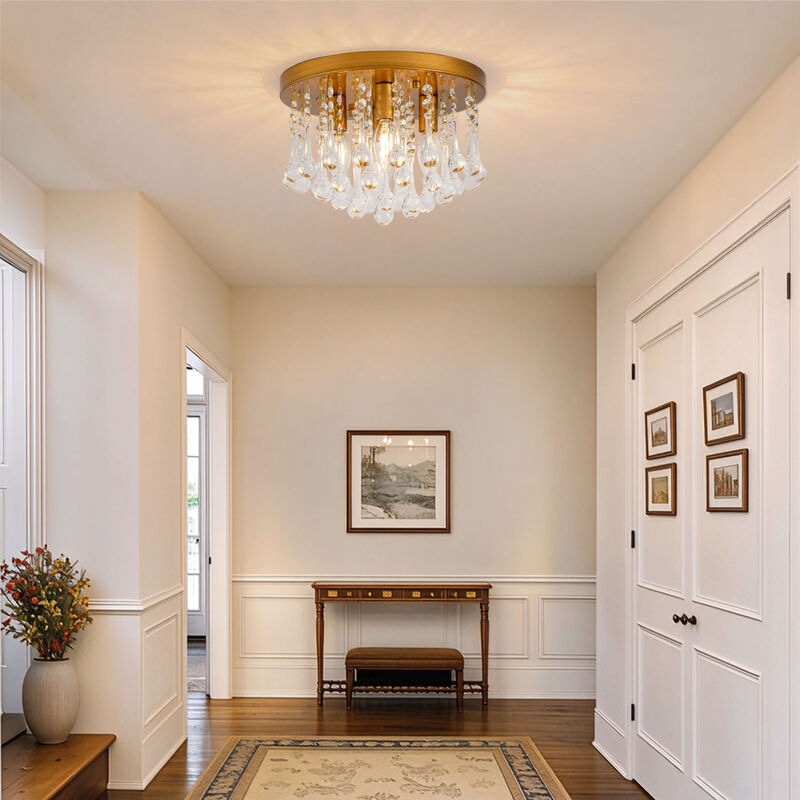 Jojospring 11.8" Claudia 4-Light Flush Mount with Clear Crystal Drops - Medium-gloss Brushed Brass image number 4