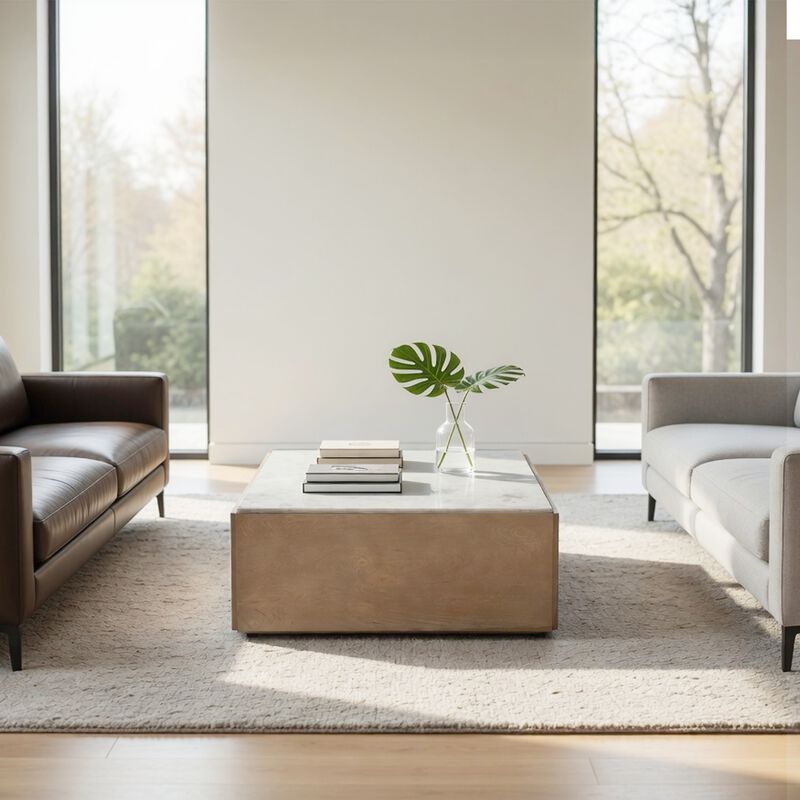 Joi 38 Inch Square Coffee Table, Real White Marble Top, Solid Mango Wood Base, Sandblasted Light Brown image number 7