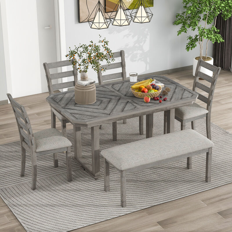 Whisen 6-Piece Rubber Wood Dining Table Set with 4 Chair and 1 Bench - Natural Wood Wash