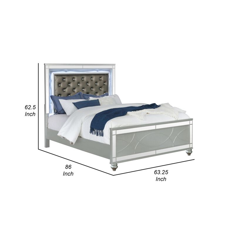 Gina Queen Panel Bed, LED Headboard, Gray Faux Leather Upholstery, Silver - Benzara