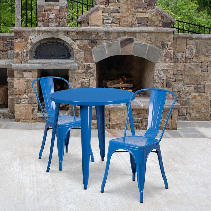 Flash Furniture Commercial Grade 30" Round Blue Metal Indoor-Outdoor Table Set with 2 Cafe Chairs