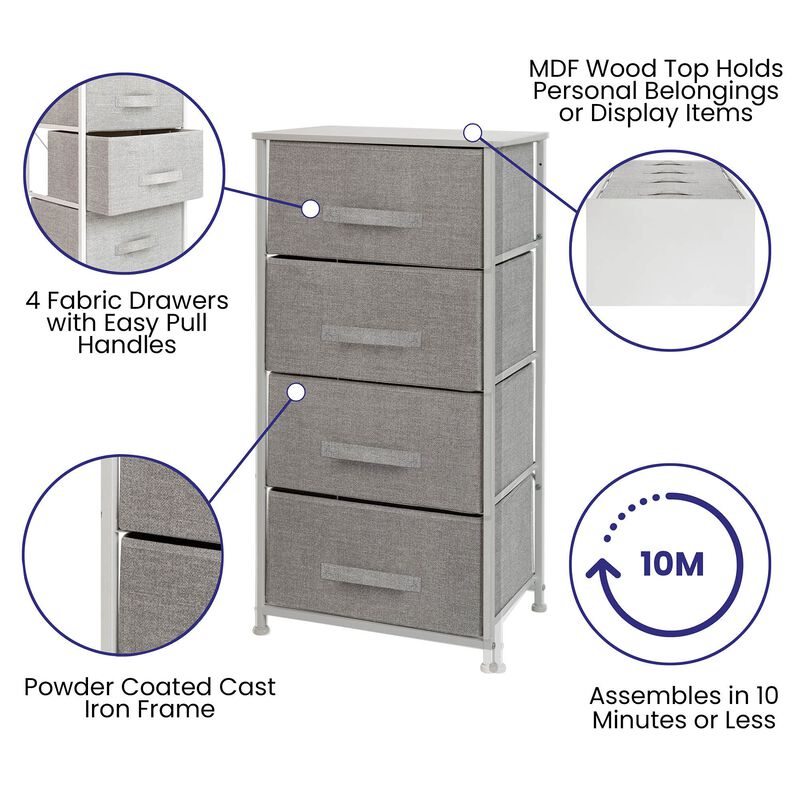 Flash Furniture Harris 4 Drawer Storage Dresser - White Cast Iron Frame and Wood Top - 4 Easy Pull Light Gray Fabric Drawers
