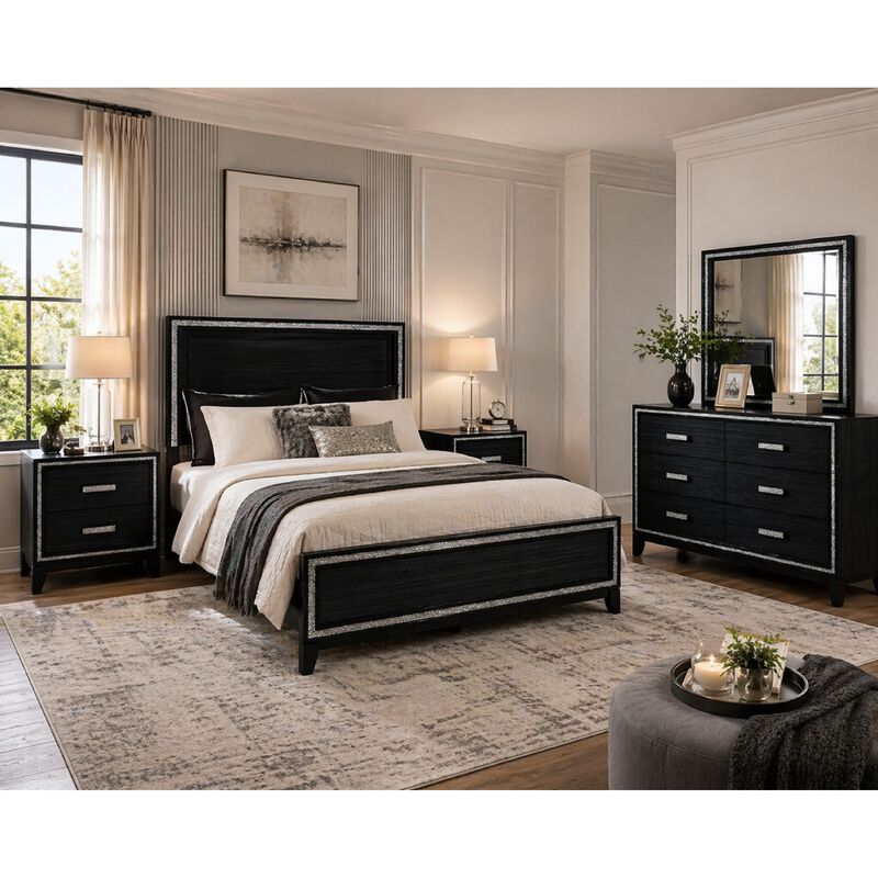 Queen Size Bedroom Set, Black Finish, 5-Piece Set with Bed, 2 Nightstands, Dresser and Mirror image number 8
