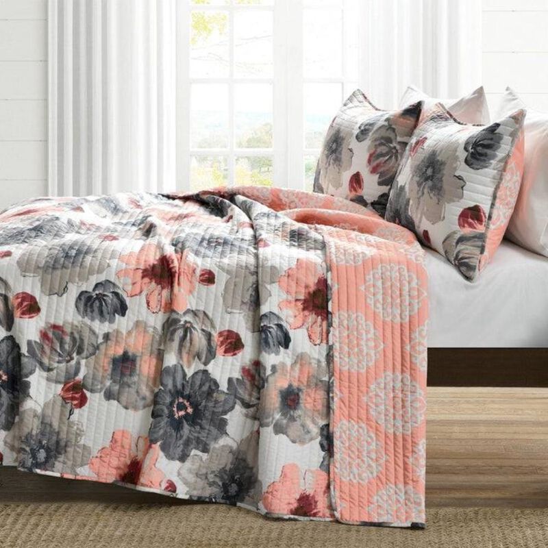 Hivvago Coral Grey Flowers Lightweight Polyester Microfiber Quilt Set