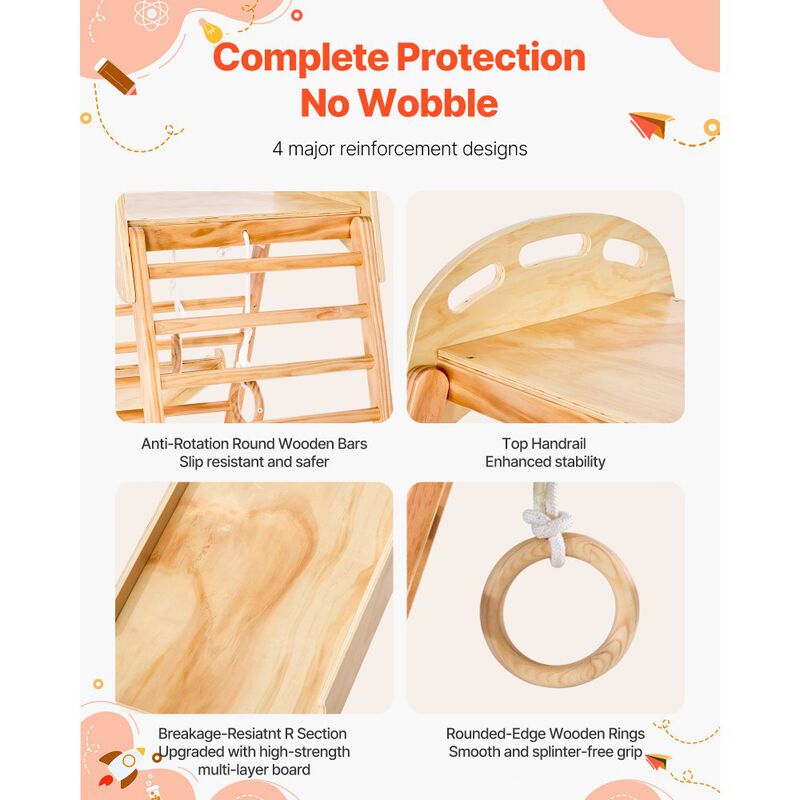 Wooden Indoor Playground Jungle Gym 4-in-1 Kids Climber with Slide, Ladder & Rings-Natural image number 4