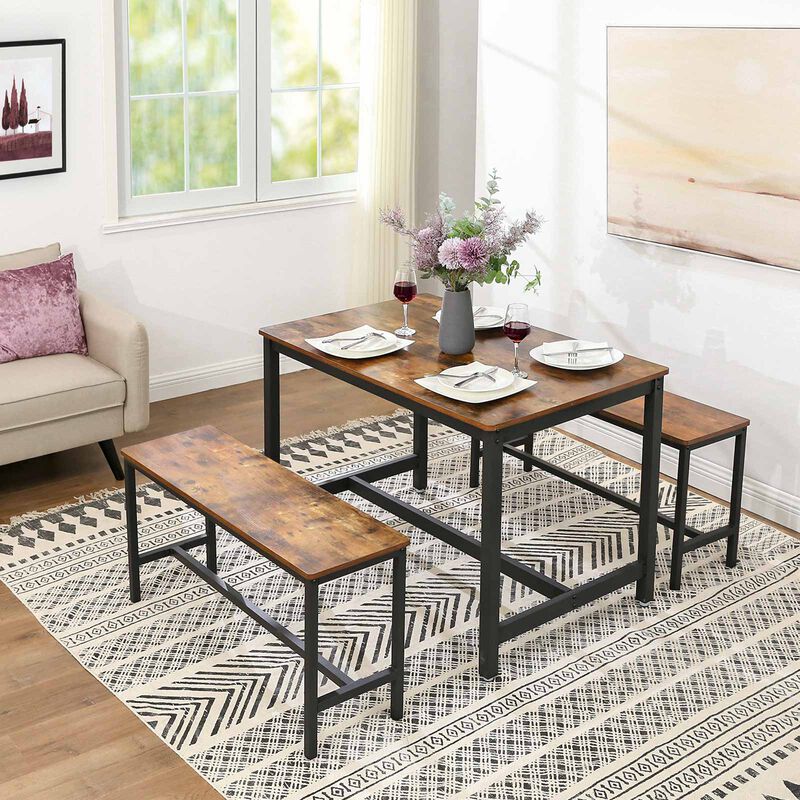 Set of 2 Rustic Brown Dining Table Benches for Kitchen and Dining Room image number 5