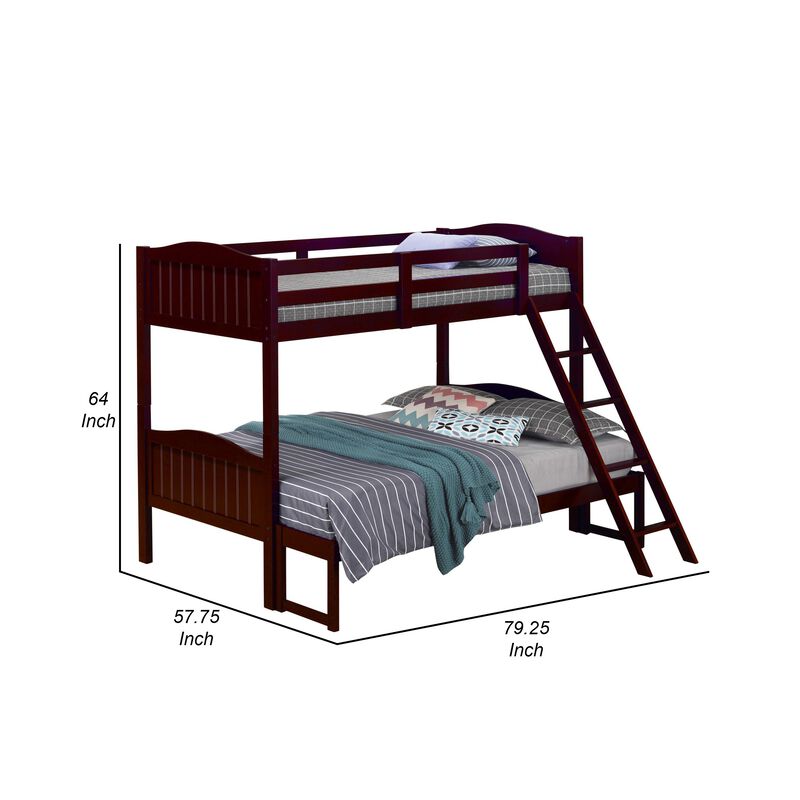 Laro Twin over Full Bunk Bed, Attached Ladder, Guard Rails, Brown Wood - Benzara
