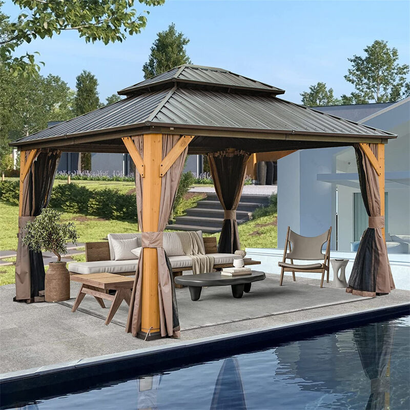 12'x 14' Hardtop Gazebo, Outdoor Cedar Wood Frame Canopy with Galvanized Steel Double Roof, Outdoor Permanent Metal Pavilion with Curtains and Netting for Patio, Backyard and Lawn(Brown)